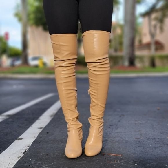 Women's Camel Thigh High Over the Knee Boots Chunky Heel - Picture 2 of 7